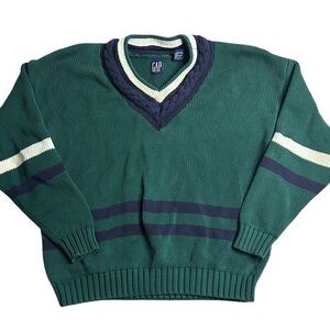 Vintage GAP Cable Knit Cricket Sweater Green Navy Cream VNeck Preppy Cotton Sz L